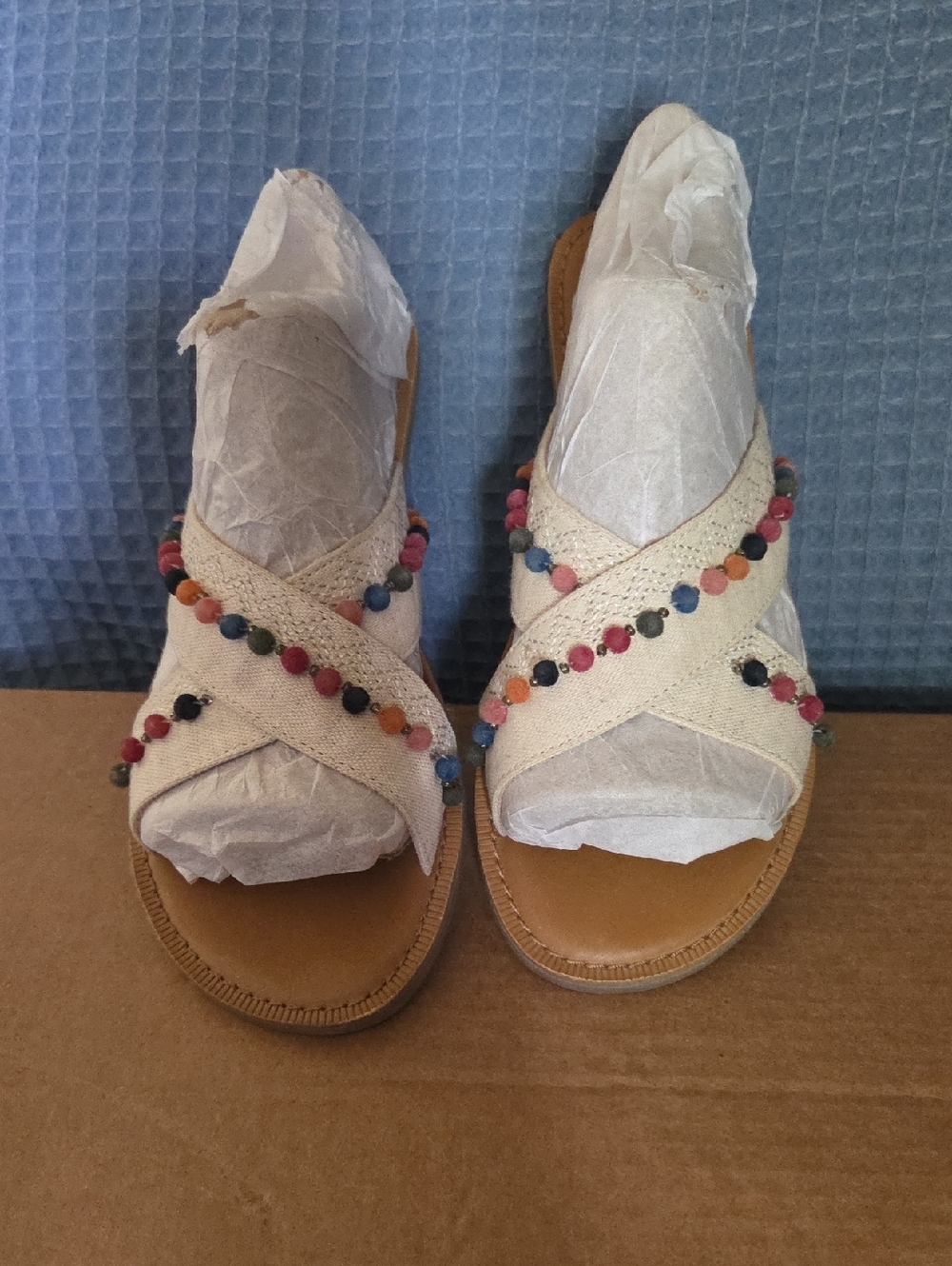 TOMS Beige Crisscross Beaded Strap Sandals for Women